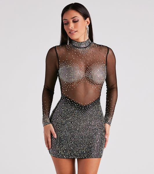 Long Sleeves Short Mock Neck Mesh Fitted Sheer Bodycon Dress/Party Dress With Rhinestones