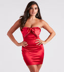 Strapless Satin Trim Cocktail Short Bodycon Dress/Party Dress With a Bow(s) and Rhinestones