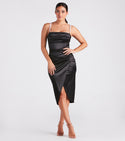 Cowl Neck Sweetheart Stretchy Draped Wrap Back Zipper Pleated Sleeveless Bodycon Dress/Midi Dress With Pearls