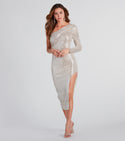Sexy Fitted Pleated Sequined Slit Asymmetric Knit Long Sleeves One Shoulder Midi Dress