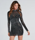 Mock Neck Knit Sheer Fitted Mesh Short Bodycon Dress With Rhinestones