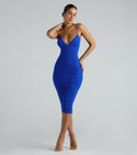 V-neck Spaghetti Strap Fitted Ruched Mesh Bodycon Dress/Skater Dress/Party Dress/Midi Dress