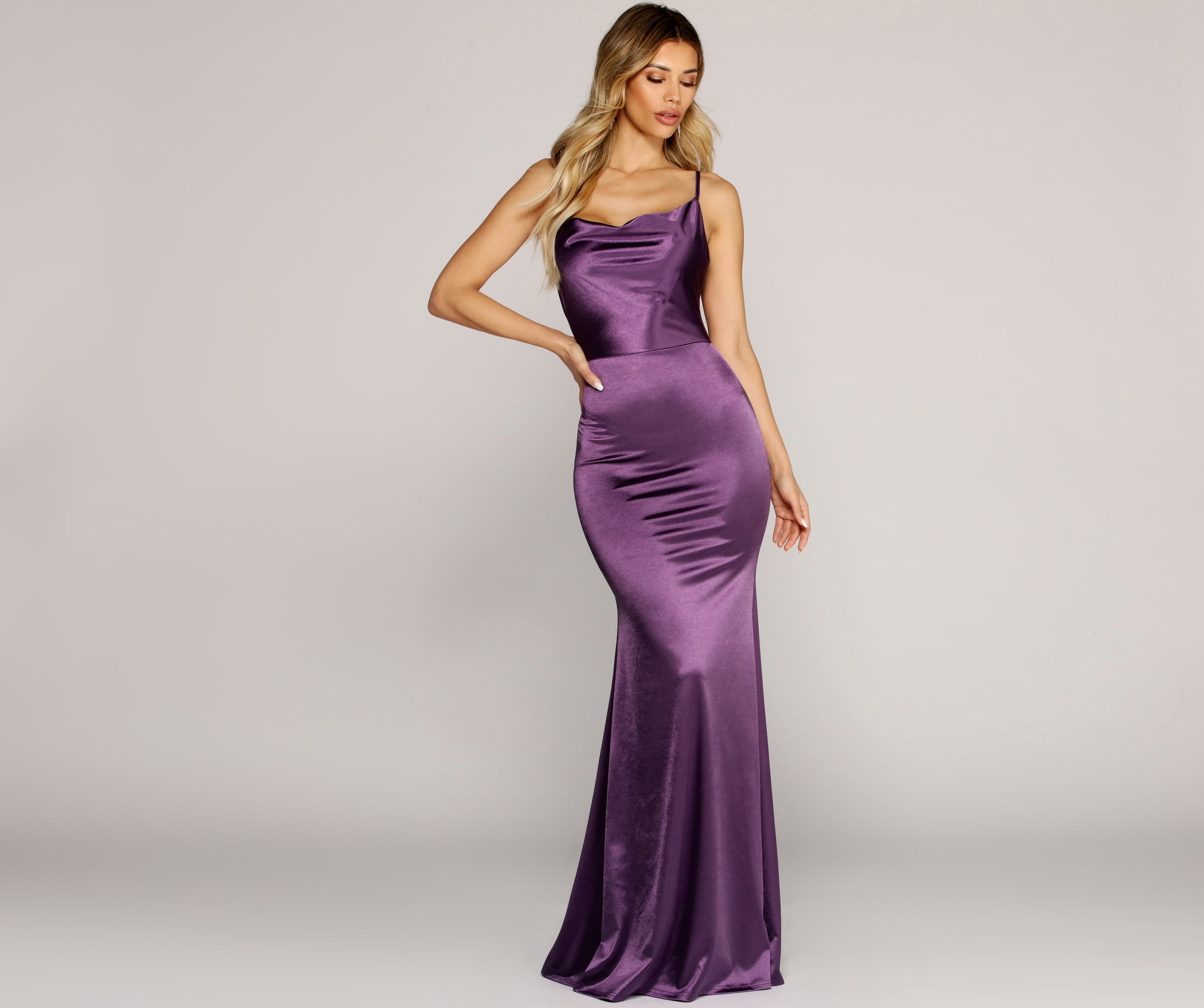 vera satin lace up formal dress plum