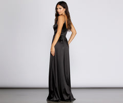 avery g satin ball gown