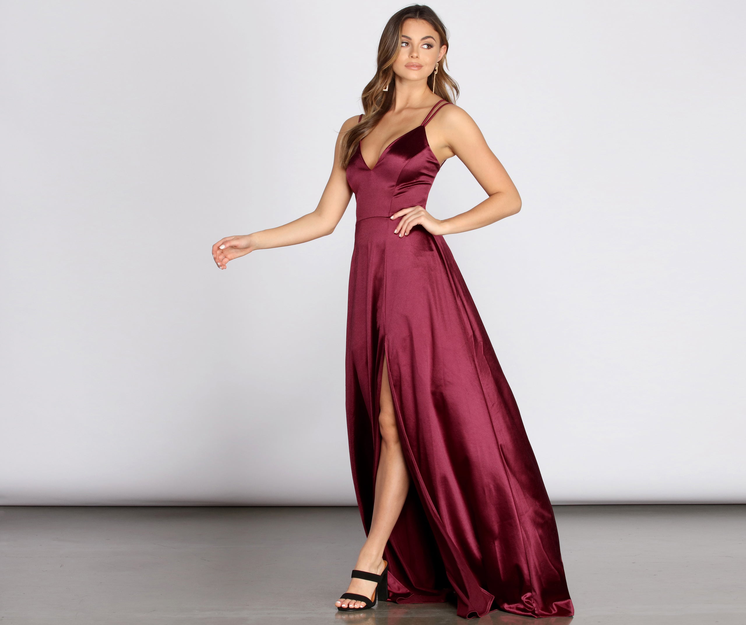 vera satin lace up formal dress plum