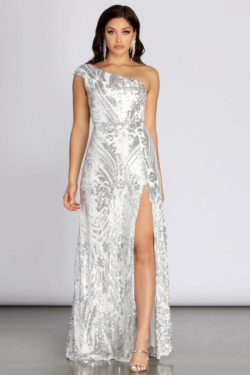 one shoulder sequin gown