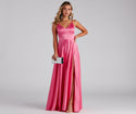 Sophisticated A-line V-neck Spaghetti Strap Pleated Slit Pocketed Floor Length Dress With Rhinestones