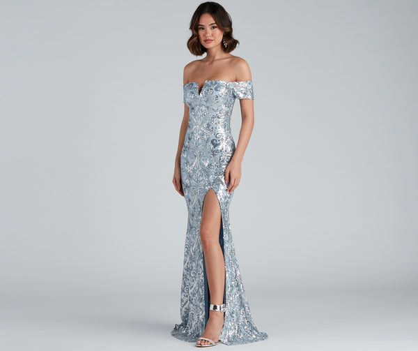 Sexy A-line Strapless Off the Shoulder Floor Length General Print Slit Sequined Fitted Sheer Flowy Mesh Back Zipper Party Dress With Rhinestones