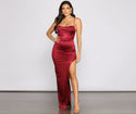 Satin Cowl Neck Slit Floor Length Short Spaghetti Strap Dress