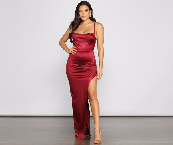 Cowl Neck Spaghetti Strap Slit Satin Floor Length Short Dress