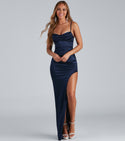 Floor Length Short Slit Stretchy Spaghetti Strap Satin Cowl Neck Homecoming Dress