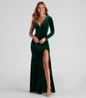 A-line V-neck Strapless Fitted Slit Velvet Floor Length Long Sleeves One Shoulder Dress