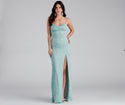 A-line Knit Slit Glittering Cowl Neck Sleeveless Spaghetti Strap Party Dress With Rhinestones