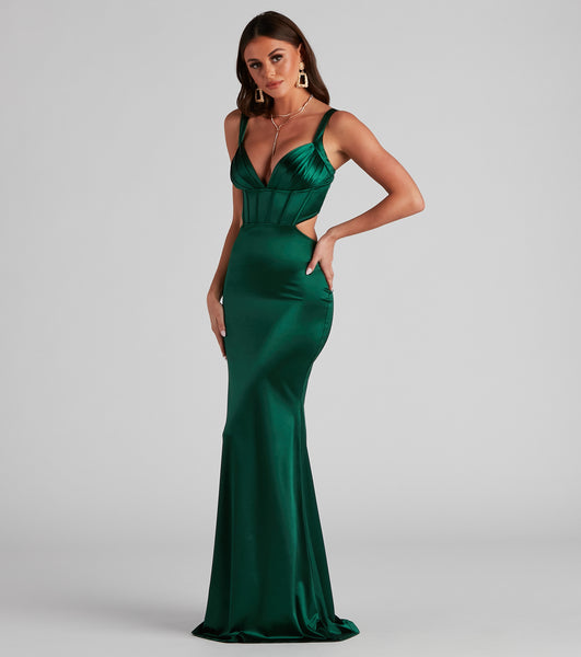 Sexy Sophisticated V-neck Satin Corset Waistline Sleeveless Fitted Back Zipper Ruched Cutout Pleated Floor Length Dress