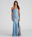 A-line Floor Length Fitted Slit Open-Back Lace-Up Cowl Neck Sleeveless Spaghetti Strap Quinceanera Dress With Rhinestones