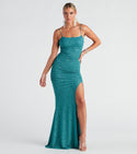 Strapless Floor Length Mermaid Knit Square Neck Slit Ruched Glittering Sleeveless Spaghetti Strap Party Dress With Rhinestones