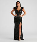Sexy V-neck General Print Sleeveless Slit Back Zipper Sequined Mesh Floor Length Knit Mermaid Plunging Neck Party Dress