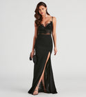 Sexy Slit Fitted Mesh Back Zipper Sheer Sleeveless Spaghetti Strap Crepe Floor Length Lace Trim Mermaid Corset Waistline Dress