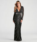 V-neck Fitted Mesh Mermaid General Print Plunging Neck Knit Evening Dress With Rhinestones