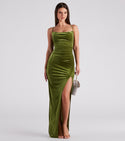 Strapless Floor Length Ruched Slit Sleeveless Spaghetti Strap Cowl Neck Velvet Dress