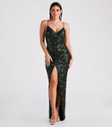 V-neck Strapless Sheer Sequined Wrap Slit Ruched Mesh Back Zipper Floor Length Sleeveless Spaghetti Strap General Print Knit Party Dress