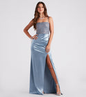 Satin Square Neck Slit Sequined Mermaid Sleeveless Spaghetti Strap Bridesmaid Dress