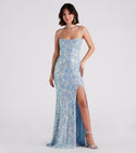 Sleeveless Spaghetti Strap Knit Cowl Neck Slit Stretchy Sequined Mesh Lace-Up Embroidered Mermaid Dress