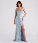 Mermaid Sleeveless Spaghetti Strap Knit Cowl Neck Sequined Stretchy Mesh Slit Lace-Up Embroidered Dress