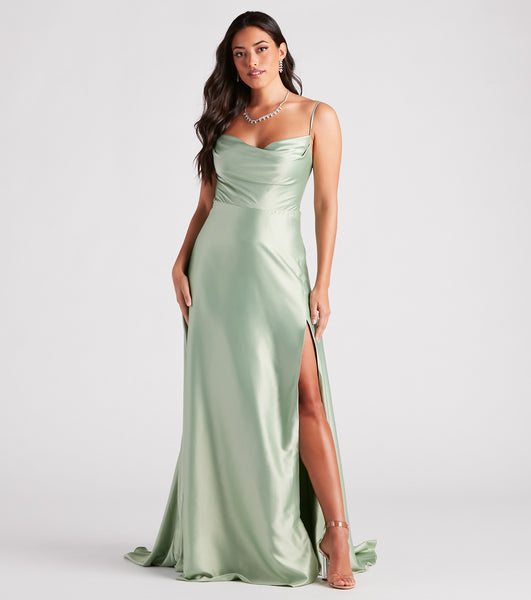 A-line Cowl Neck Slit Satin Sleeveless Spaghetti Strap Floor Length Bridesmaid Dress