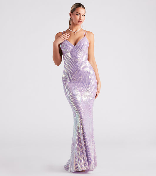 V-neck Fitted Mesh Open-Back Lace-Up Sequined Geometric Print Sleeveless Spaghetti Strap Mermaid Floor Length Knit Dress