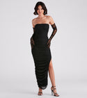 Strapless Mesh Fitted Slit Back Zipper Sheer Ruched Midi Dress