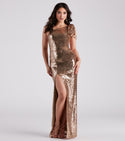 Mesh Sequined Slit Sheer Embroidered One Shoulder Sleeveless Floor Length Knit Dress With a Bow(s)