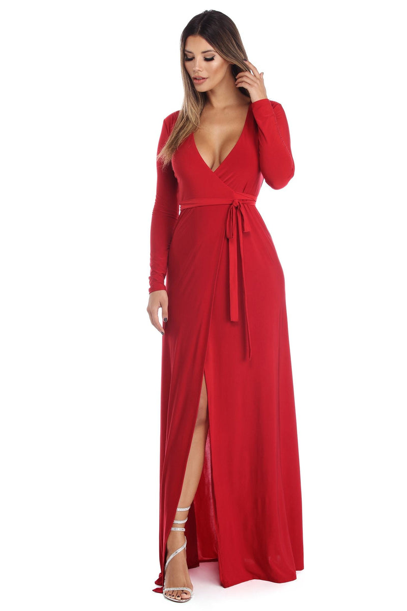 red wrap dress long sleeve