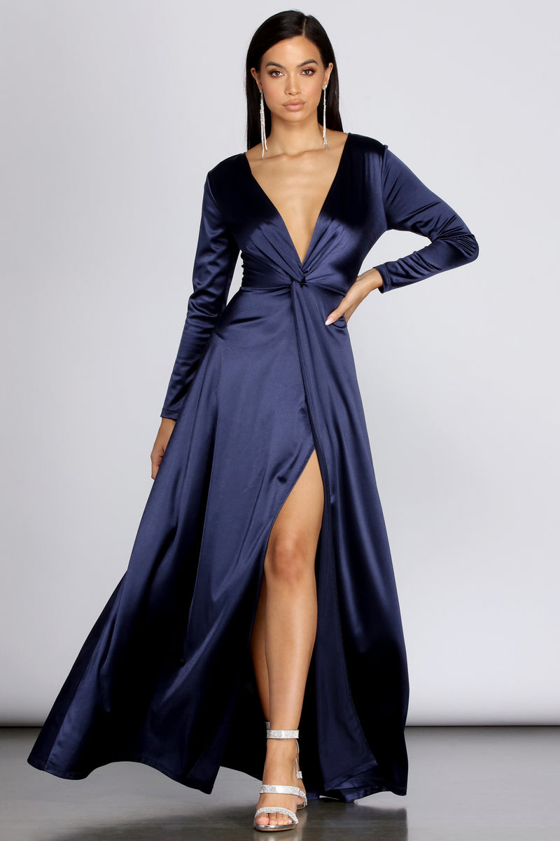 cynthia satin slit formal dress