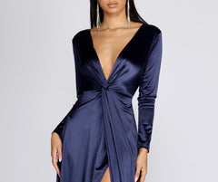 cynthia satin slit formal dress