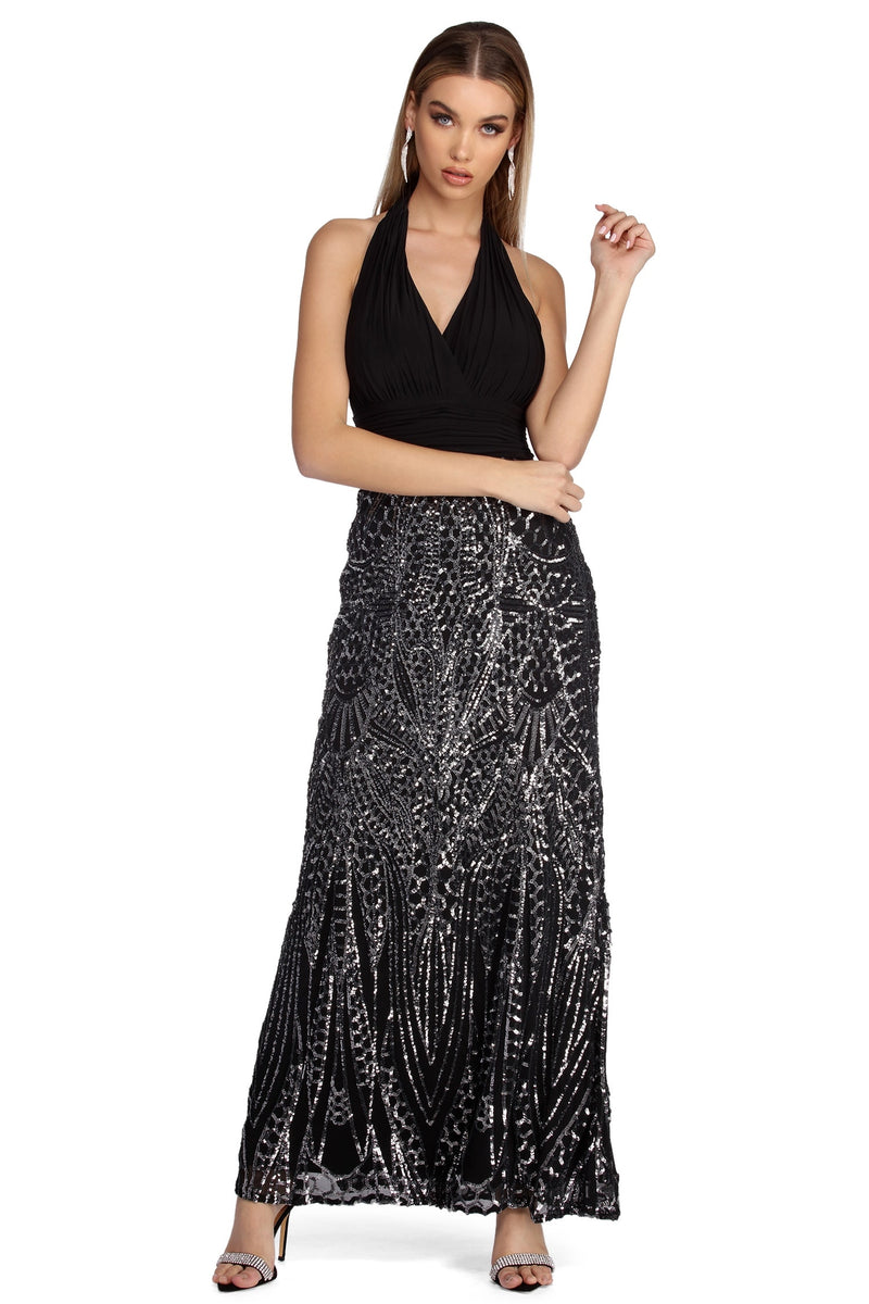 black sequin halter dress