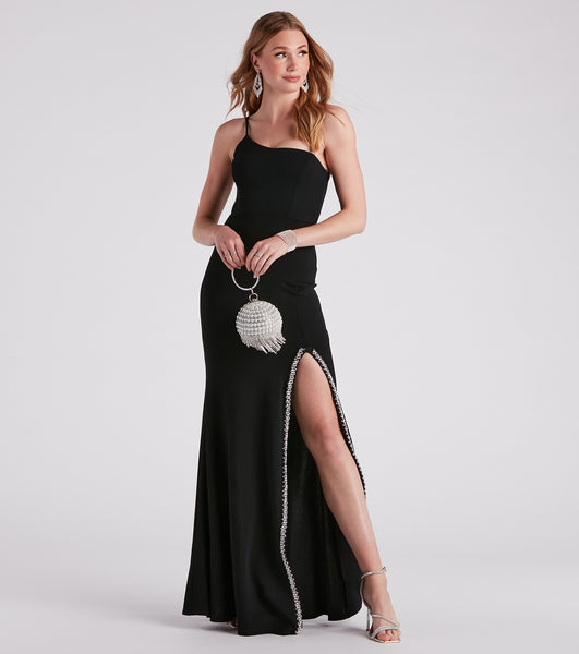 Sophisticated A-line One Shoulder Sleeveless Spaghetti Strap Slit Asymmetric Floor Length Trim Dress With Rhinestones