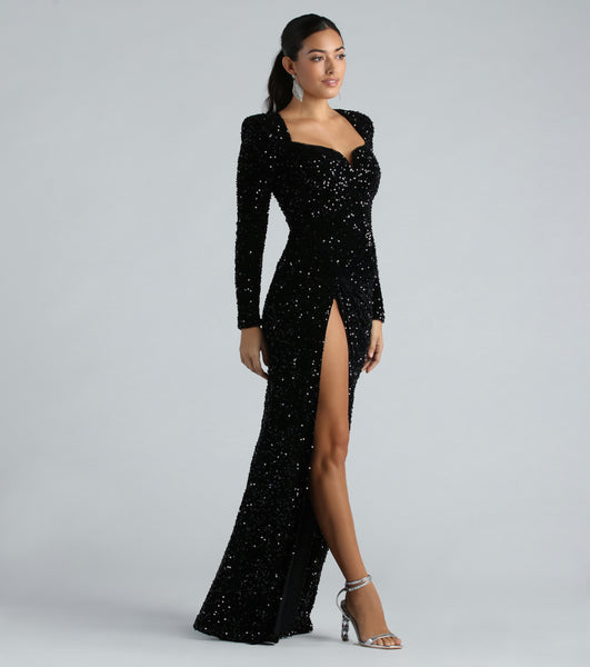 Sexy A-line Floor Length Sequined Fitted Slit Back Zipper Stretchy Mesh Trim Sweetheart Long Sleeves Party Dress