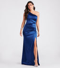 Satin Floor Length Slit Back Zipper Wrap Pleated Mermaid One Shoulder Sleeveless Bridesmaid Dress