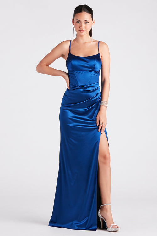 Inspire Romance Slate Blue Satin Cowl Neck Lace-Up Maxi Dress