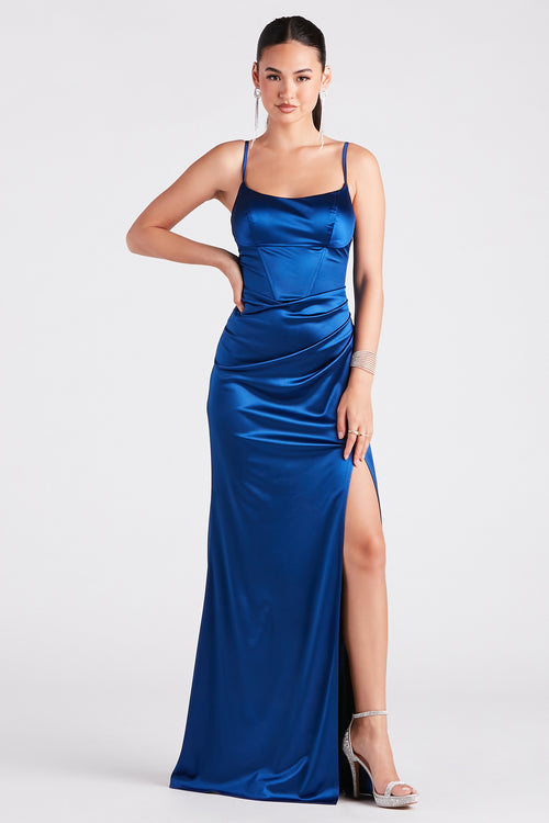 A Line V Neck Light Blue Royal Blue Prom Dresses, Blue Satin Long Form –  morievent