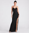 V-neck Stretchy Slit Mermaid Sleeveless Spaghetti Strap Floor Length Dress With Rhinestones