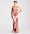 Floor Length Mermaid Sleeveless Spaghetti Strap Cowl Neck Satin Pleated Wrap Asymmetric Open-Back Slit Evening Dress/Bridesmaid Dress