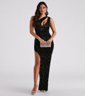Slit Back Zipper Sequined Cutout Asymmetric Floor Length One Shoulder Sleeveless Party Dress With Rhinestones