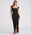 Corset Waistline Slit Asymmetric Fitted Back Zipper Cap Sleeves Floor Length Short Crepe Square Neck Dress With Rhinestones