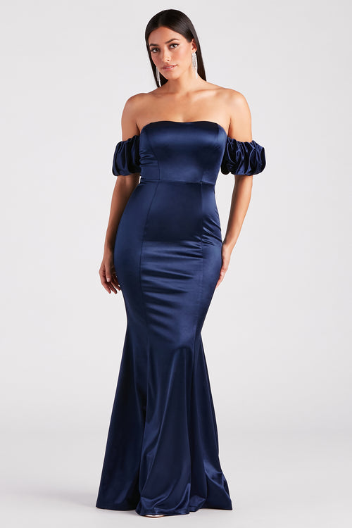 Sexy Chic Steel Blue Satin High Slit Military Ball Dress - VQ