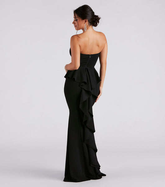 Strapless Sweetheart Fitted Back Zipper Mermaid Crepe Maxi Dress With Rhinestones and Ruffles