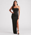 Sleeveless Spaghetti Strap Back Zipper Slit Crepe Corset Waistline Cowl Neck Sweetheart Maxi Dress With Rhinestones