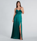 A-line Strapless Sleeveless Spaghetti Strap Satin Floor Length Scoop Neck Slit Dress