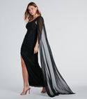 Stretchy Mesh Slit Striped Print One Shoulder Tank Maxi Dress With Rhinestones and a Sash